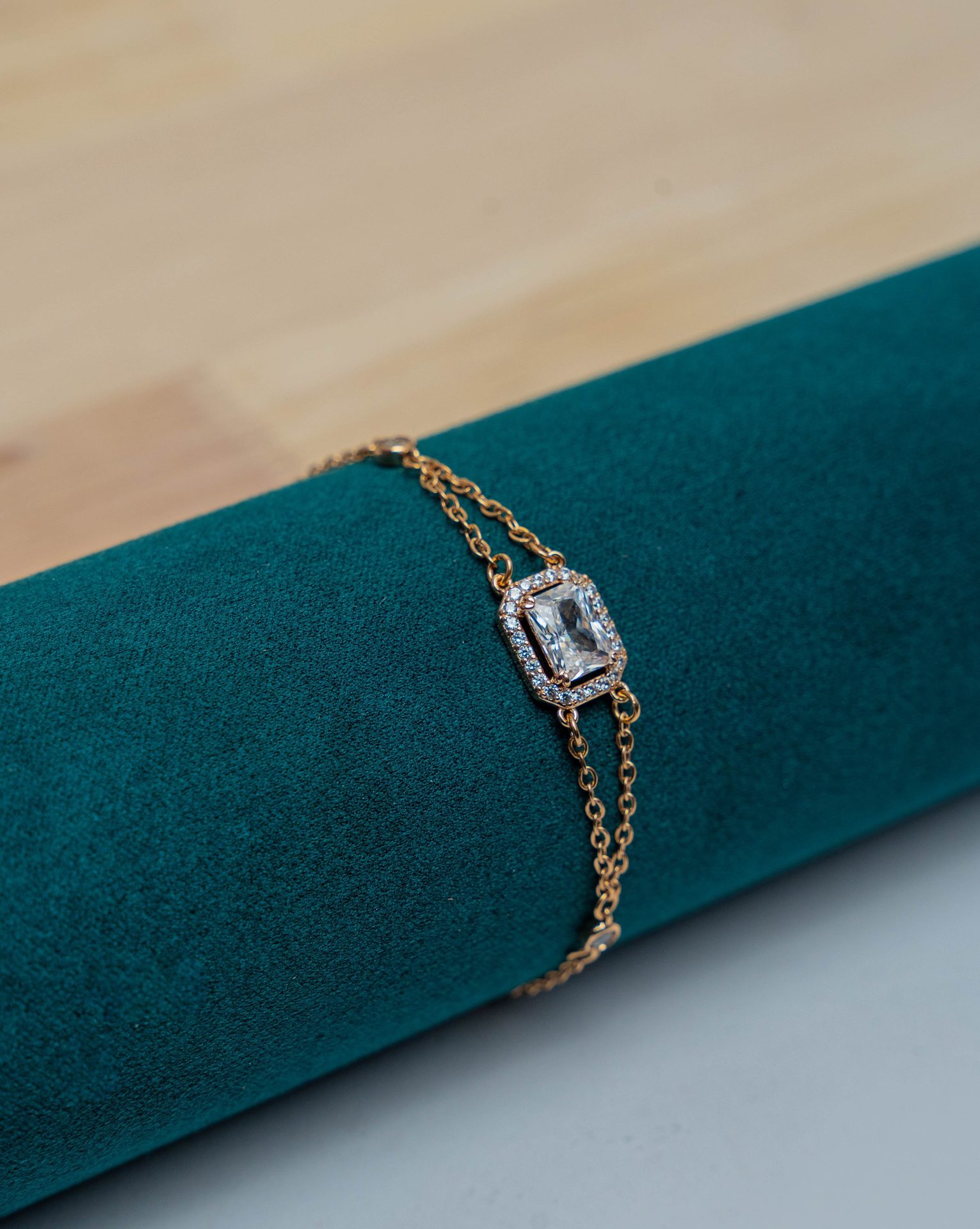 Gold Chain Bracelet with Cushion Crystal Pendant