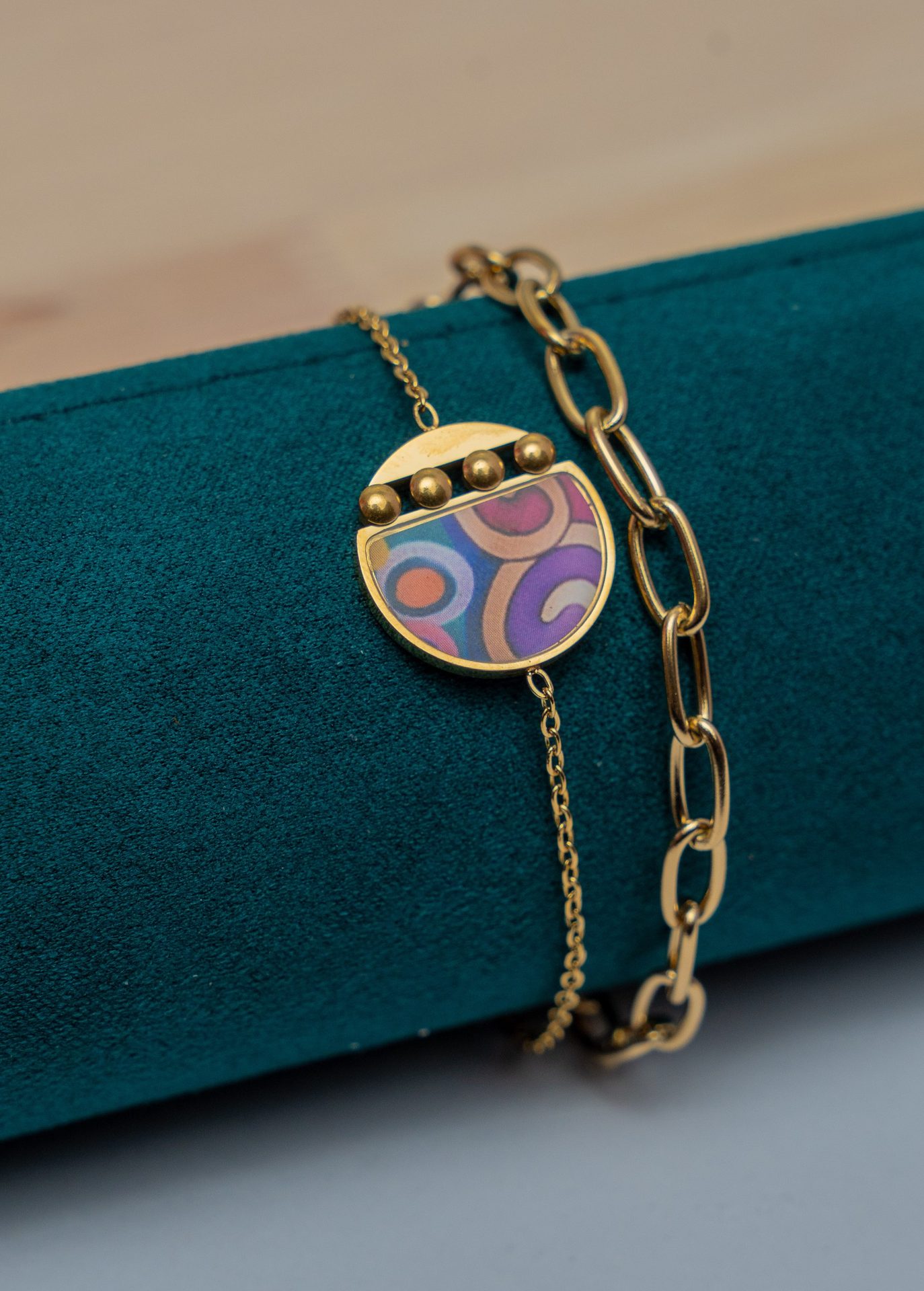 Gold Chain Bracelet with Colorful Enamel Pendant