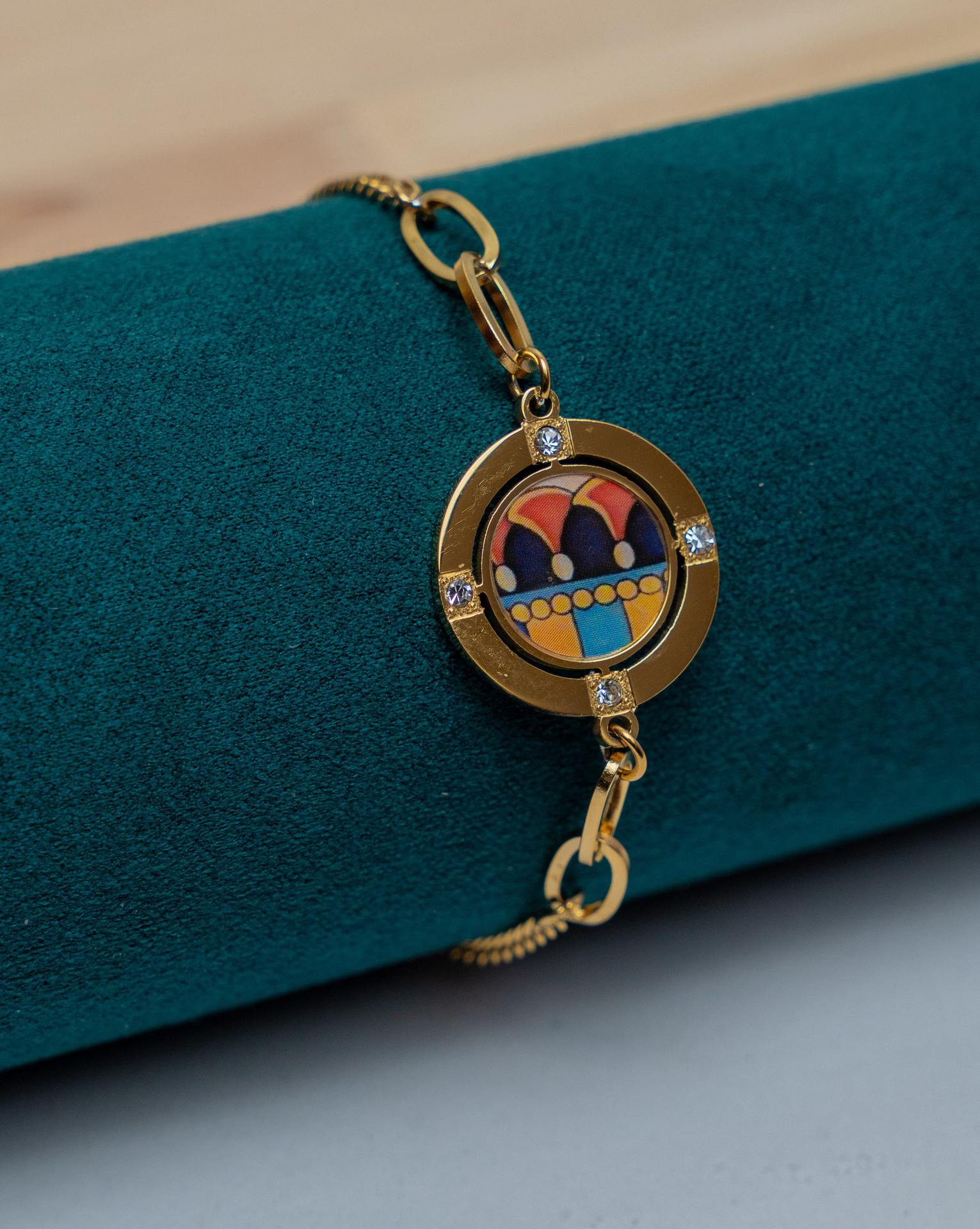Gold Chain Bracelet with Colorful Enamel Pendant