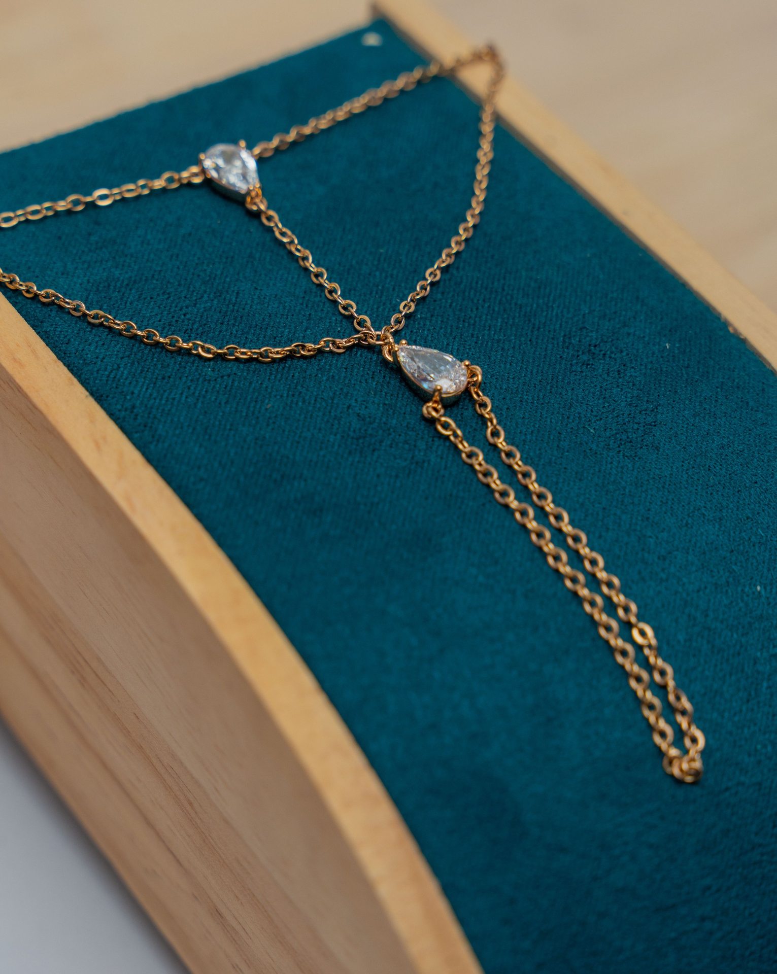 Gold Lariat Necklace with Cubic Zirconia