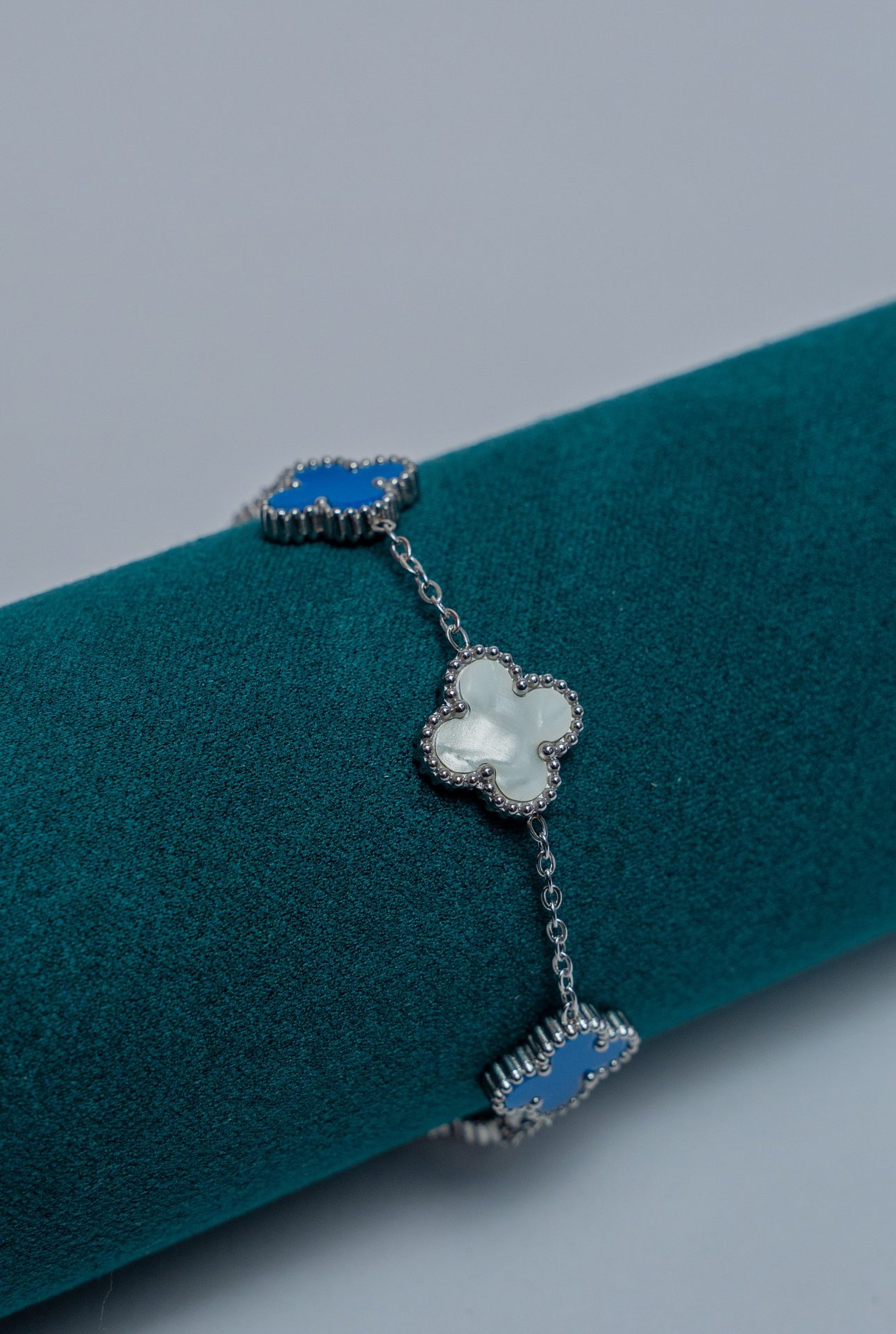 Silver Van Cleef Chain Bracelet with Blue and White Stone