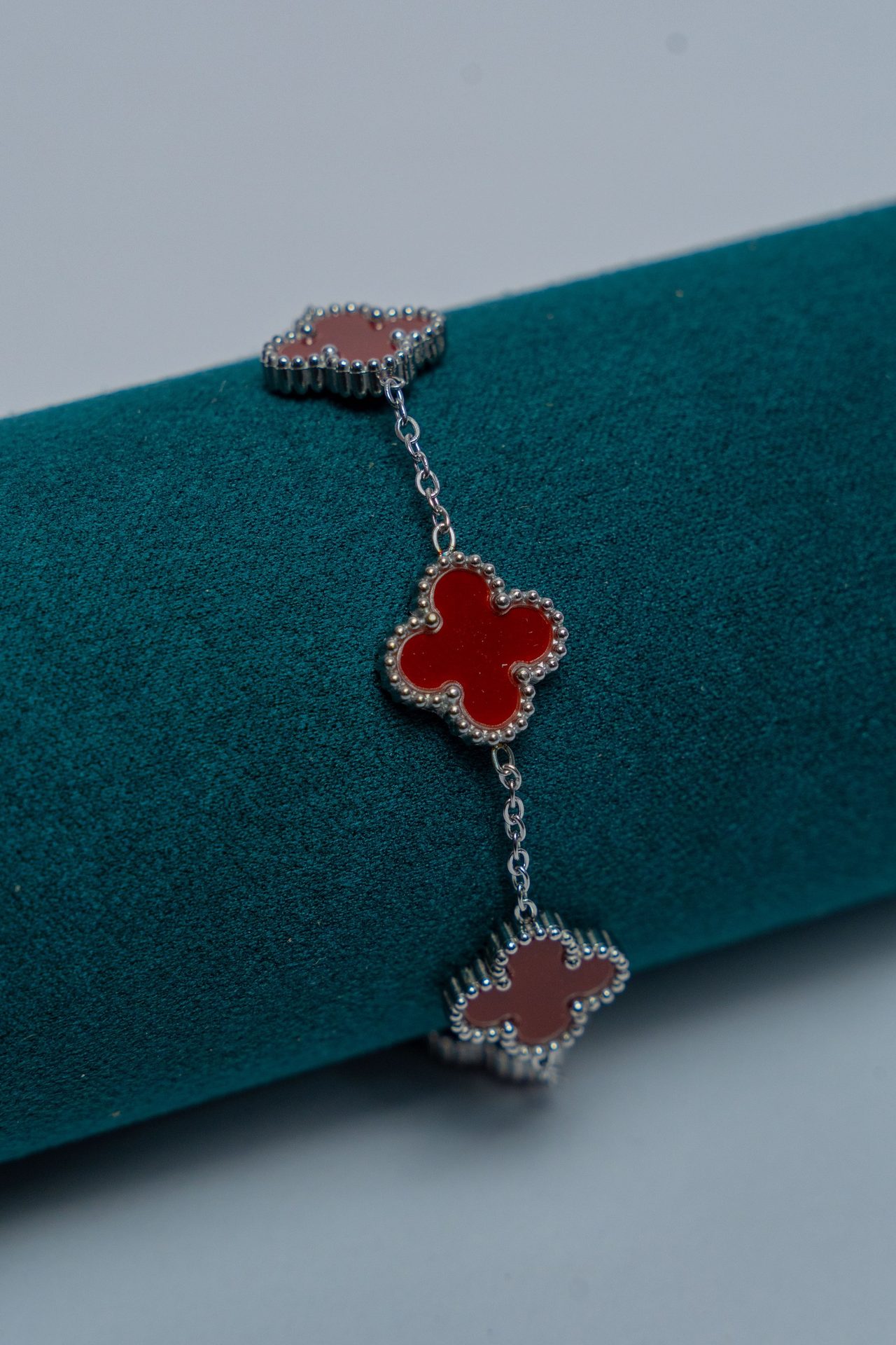 Silver Van Cleef Chain Bracelet with Red Stone