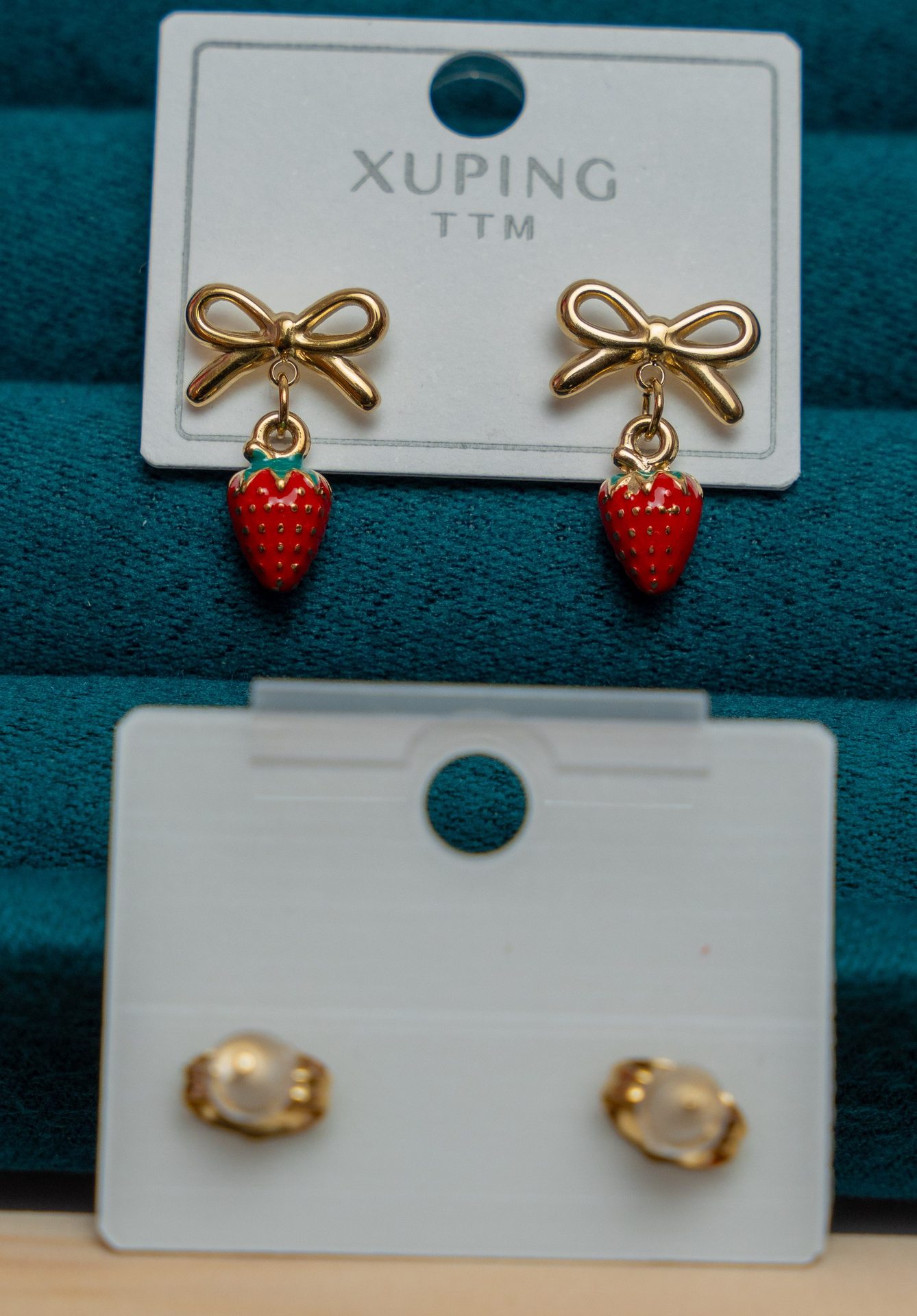 Gold Bow and Strawberry Drop Earrings