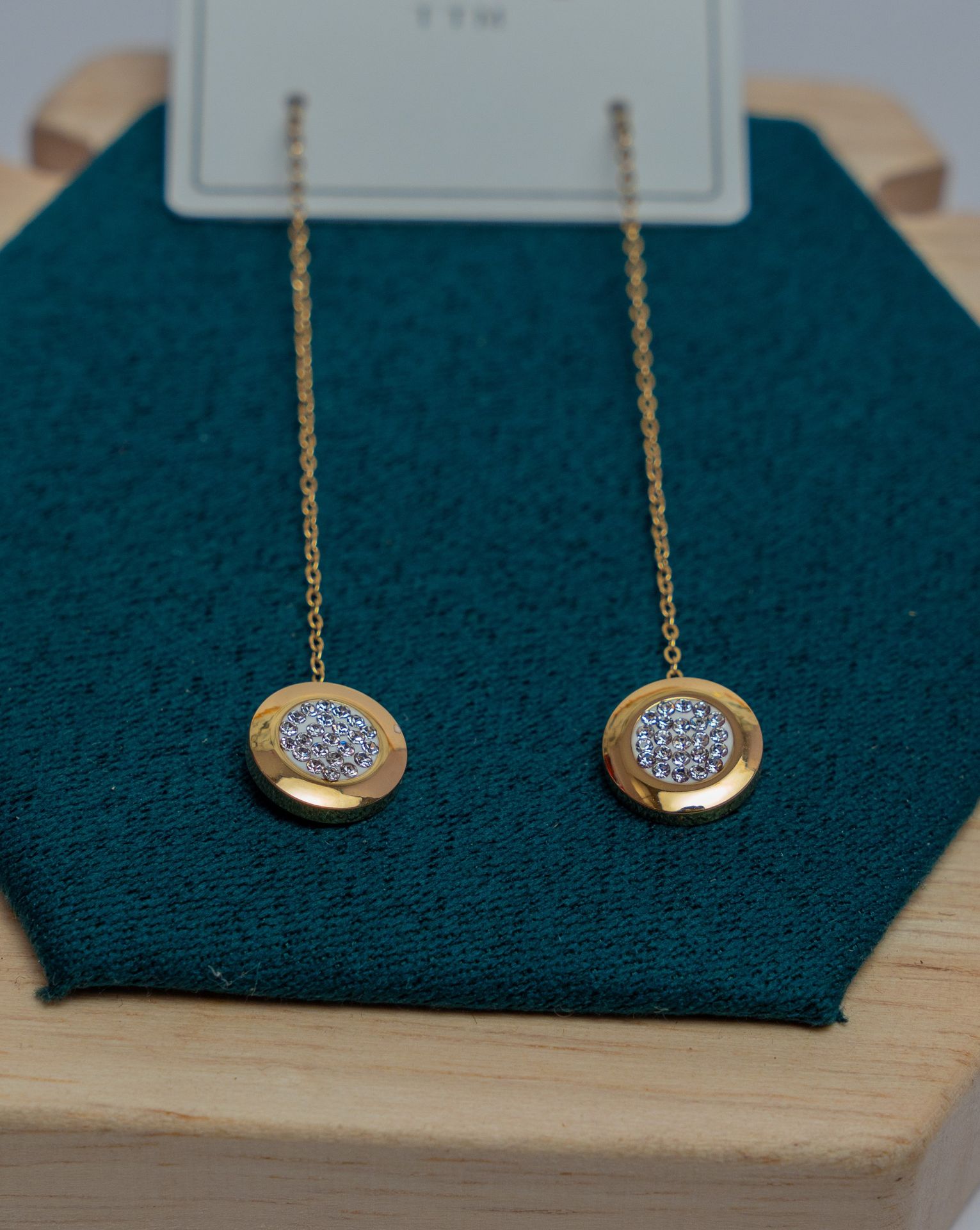 Gold Disc Drop Earrings with Crystal Pave