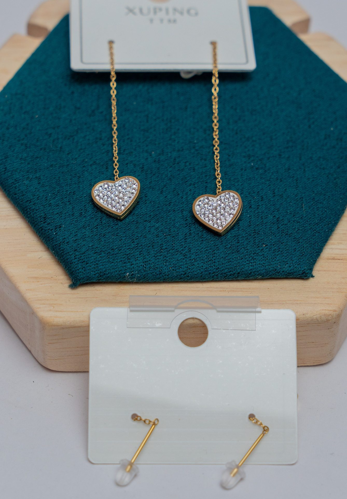 Gold Heart Chain Drop Earrings with Crystals