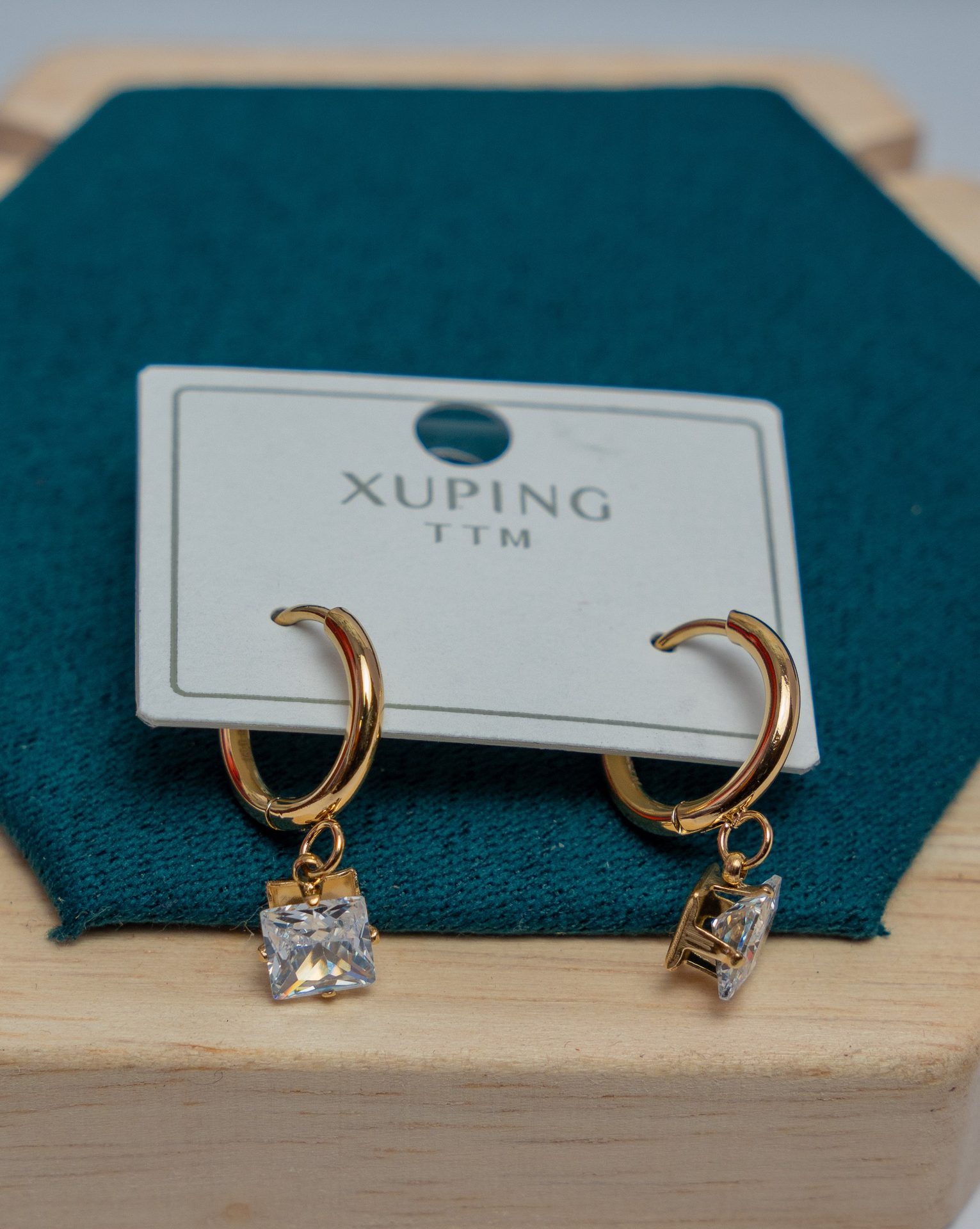 Gold-Tone Hoop Earrings with Crystal Square Drops
