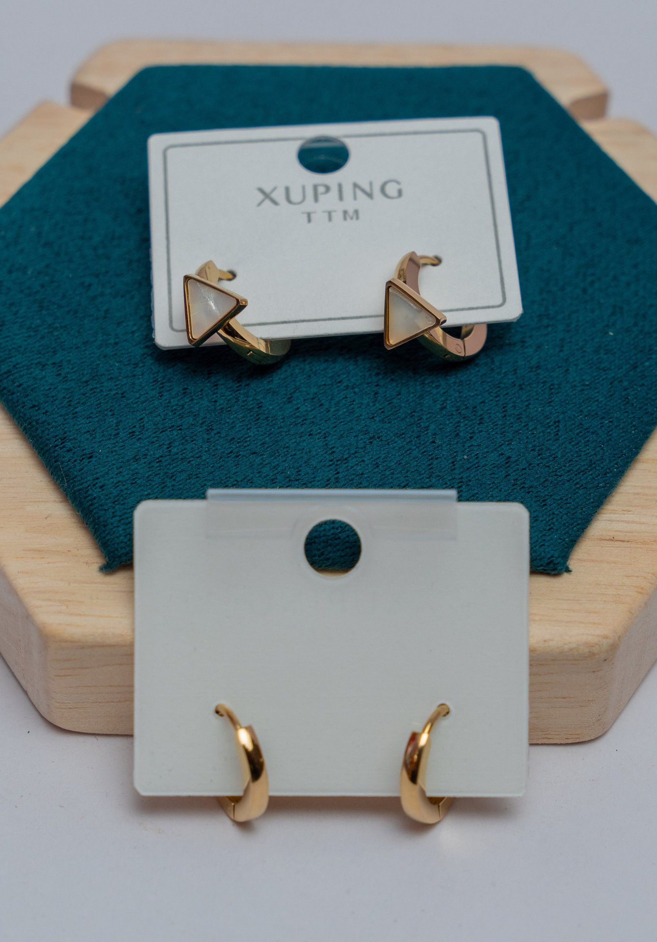 Gold-Tone Triangle Stud Earrings with Stone