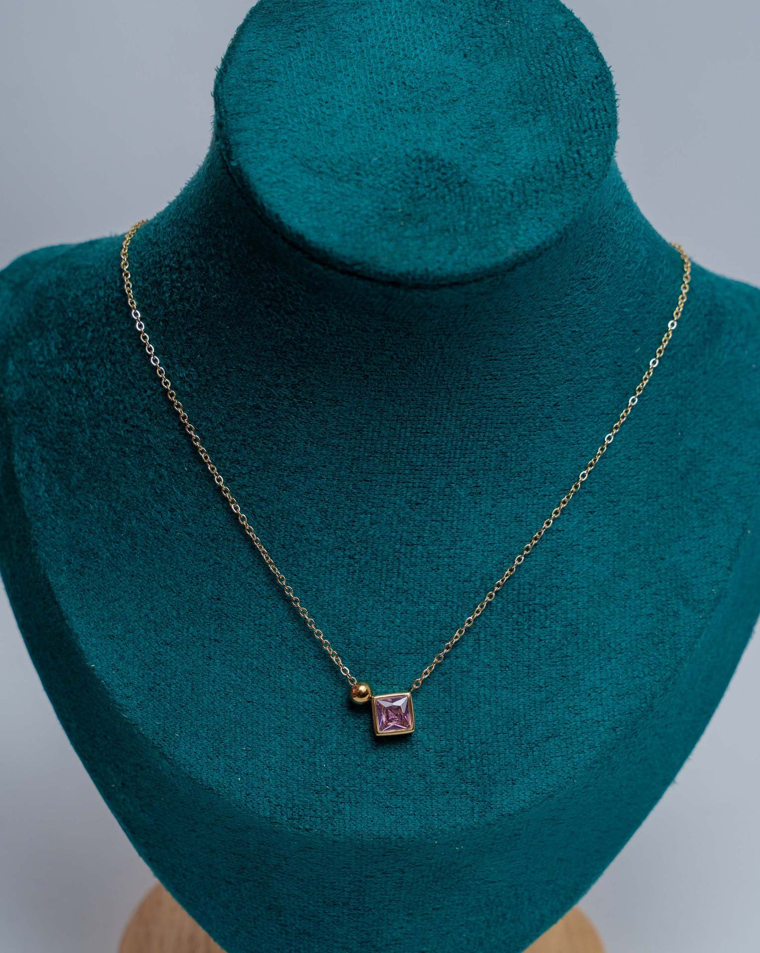 Gold-Tone Chain Necklace with Pink Square Crystal Pendant