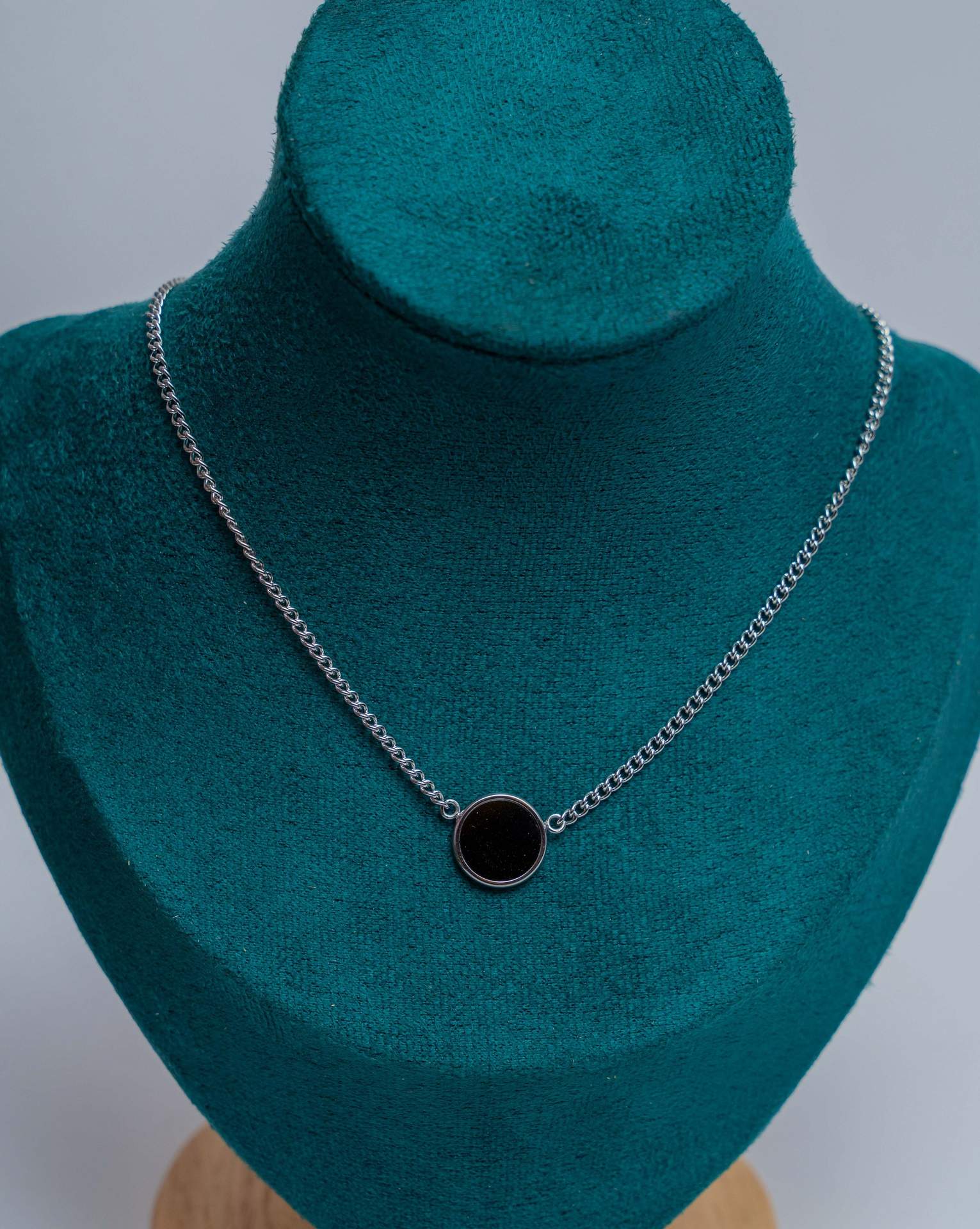 Silver Chain Necklace with Black Stone Pendant