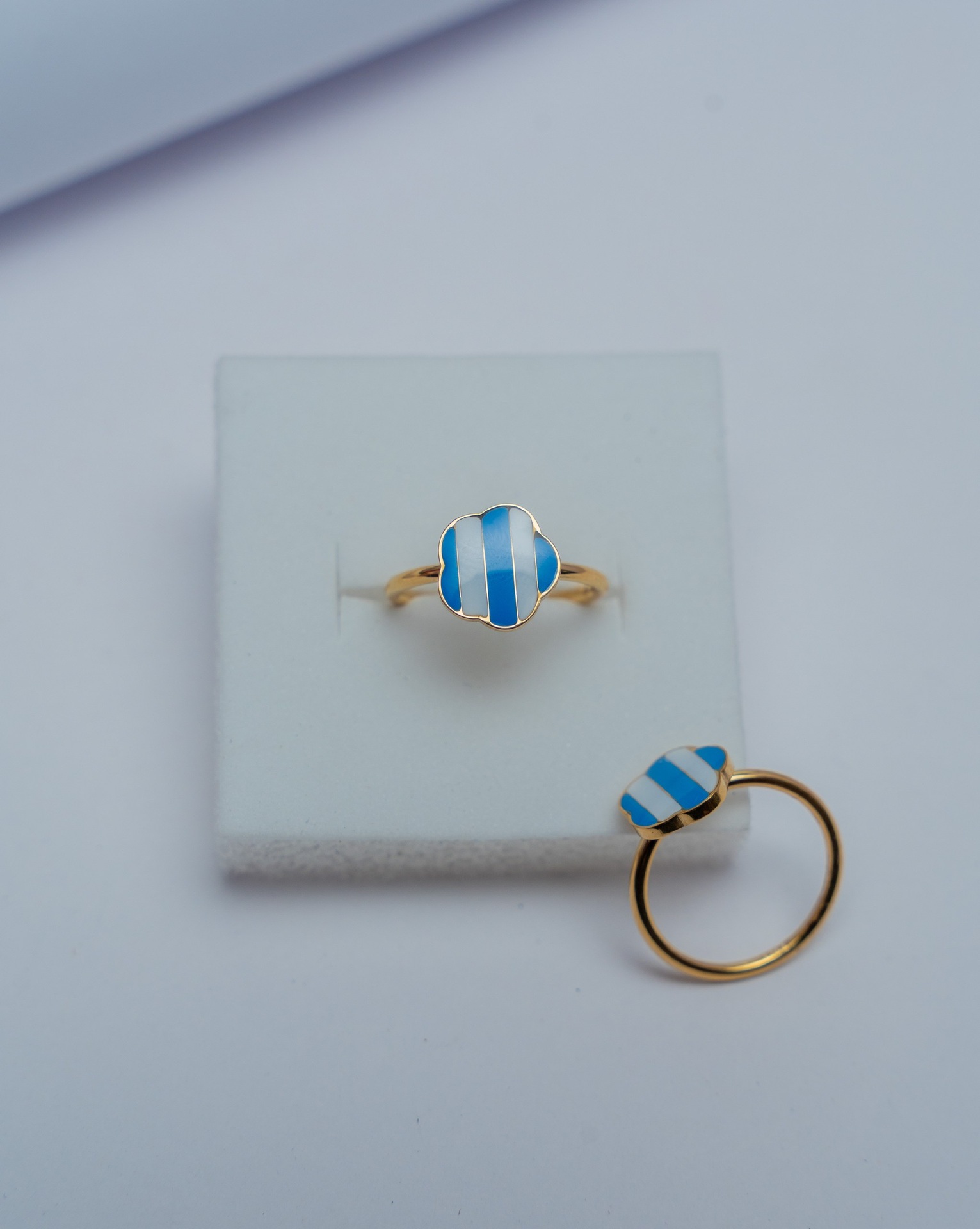 Gold Striped Blue Enamel Ring