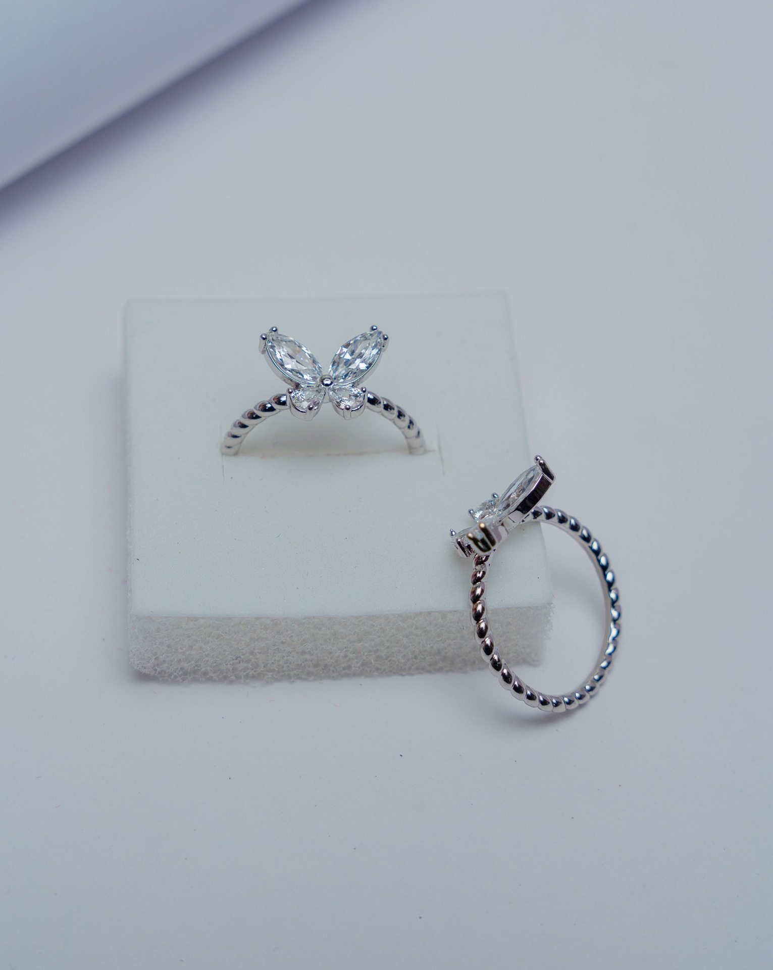 Silver Butterfly Crystal Ring with Beaded Band