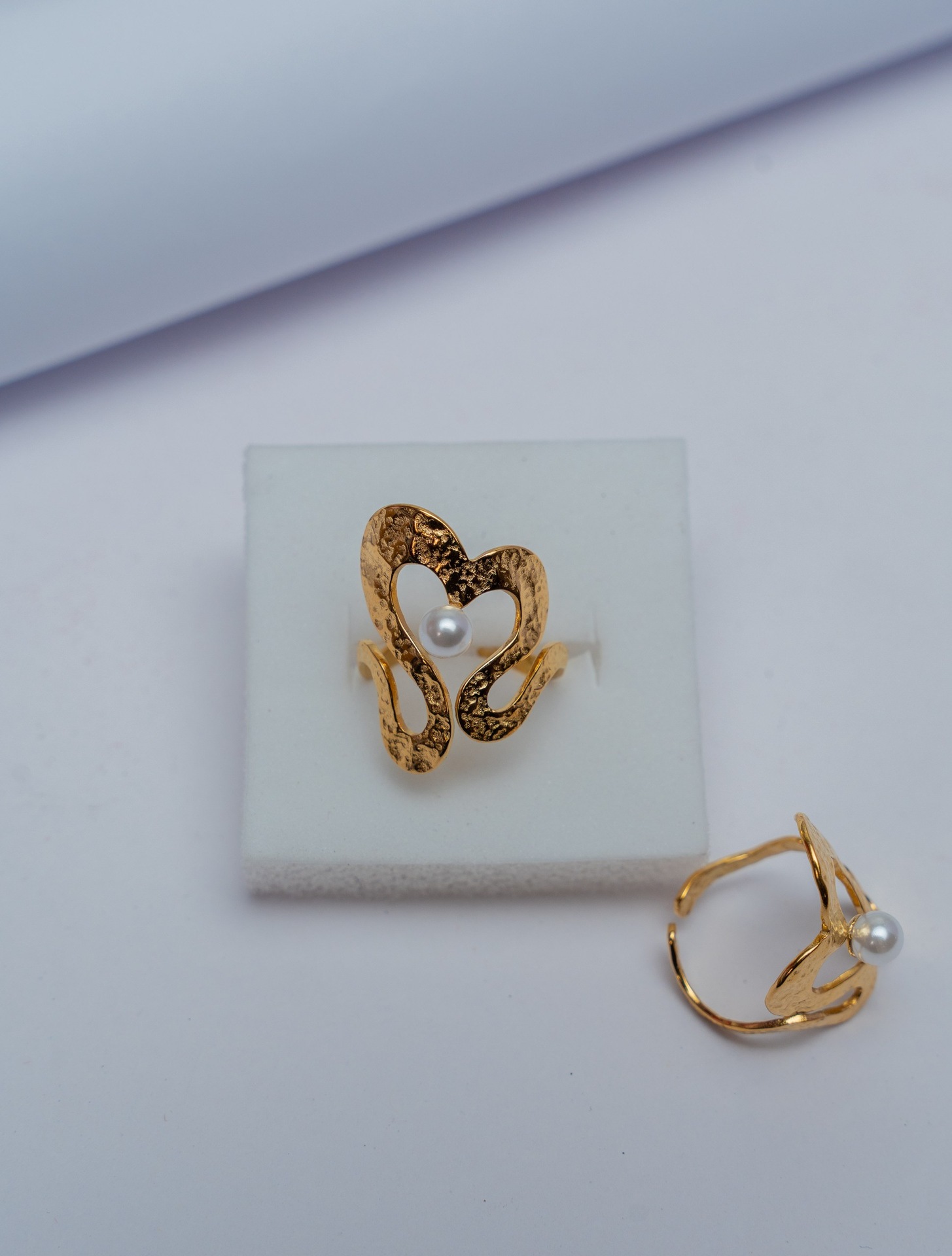 Gold Textured Heart Pearl Ring