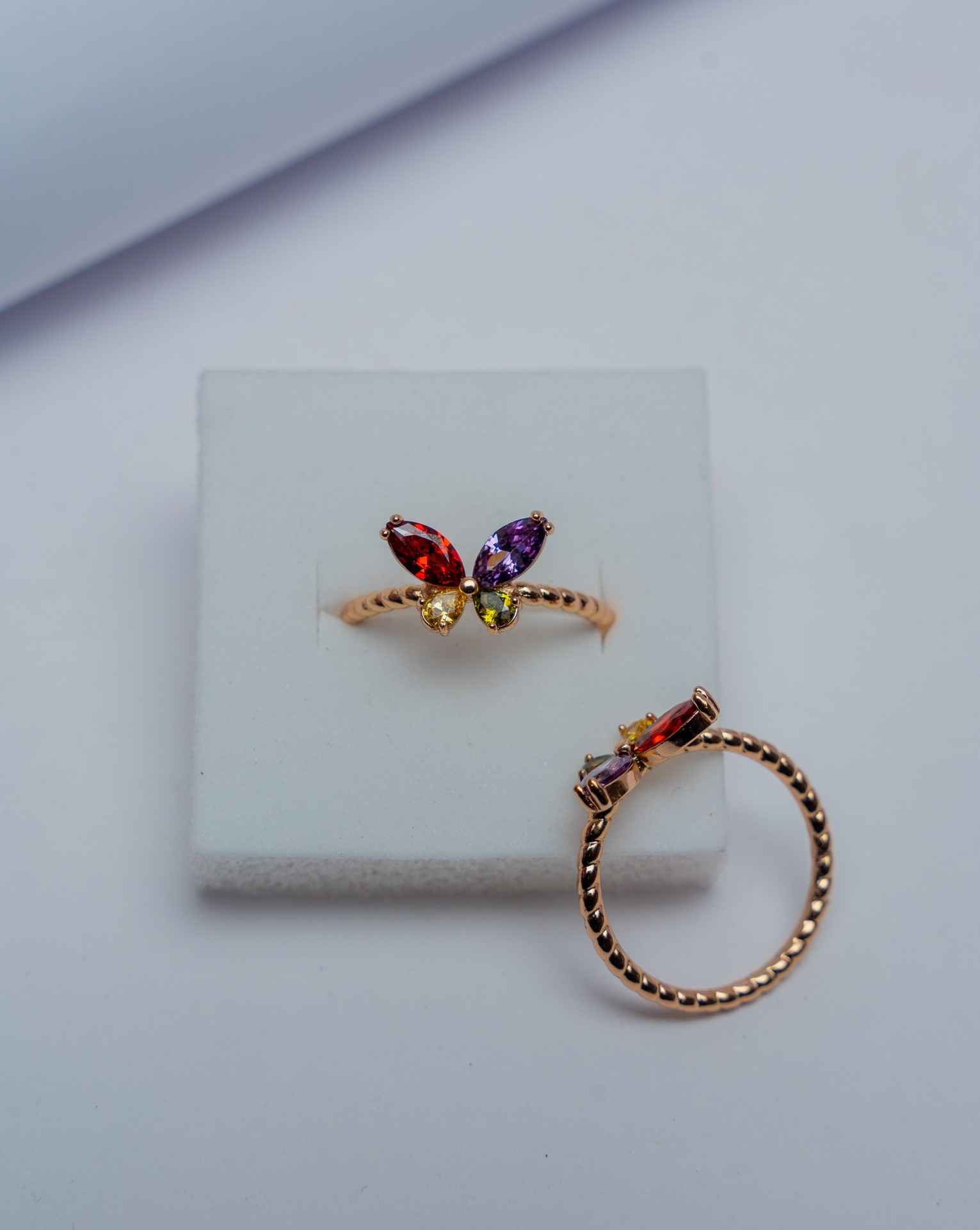 Multicolor Crystal Butterfly Gold Ring Set