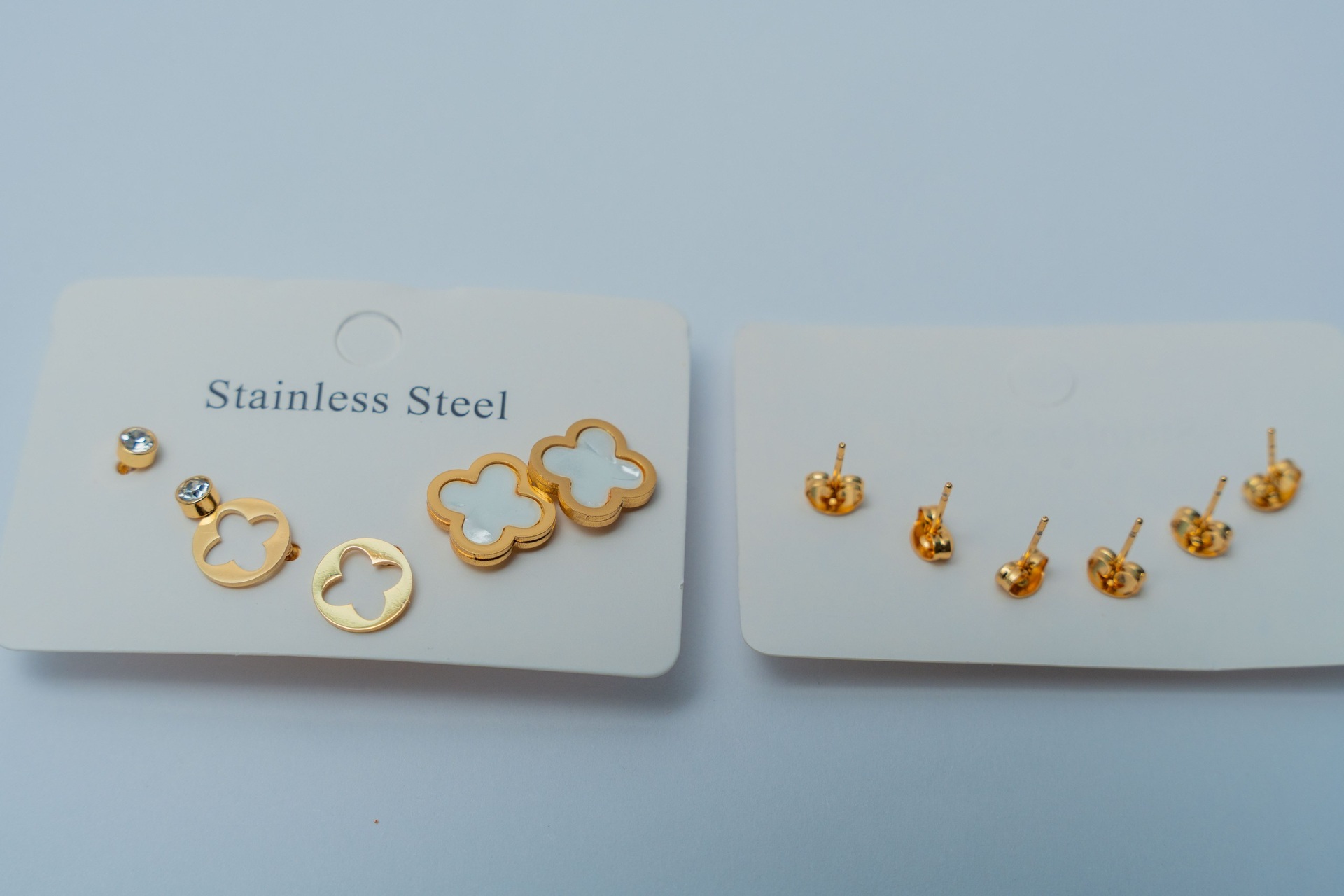 Gold-Tone Stainless Steel Clover & Ball Stud Earring Set