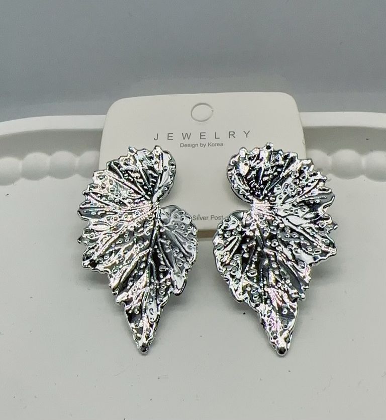 Silver Leaf Drop Earrings Curved
