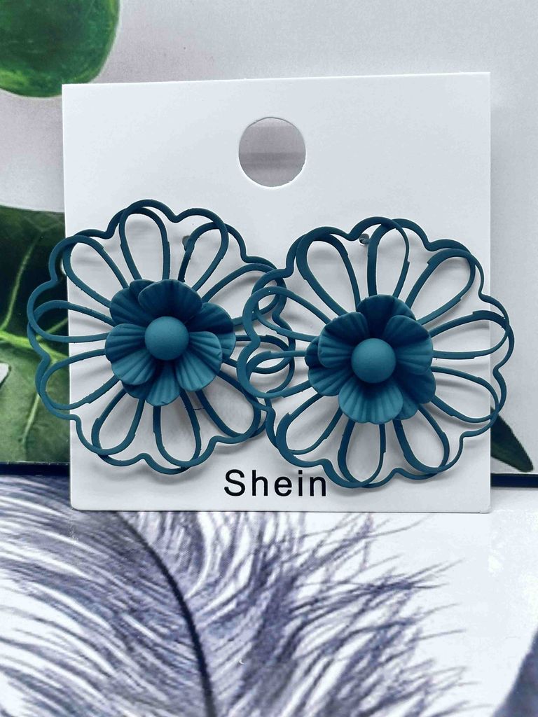Teal Outline Flower Stud Earrings