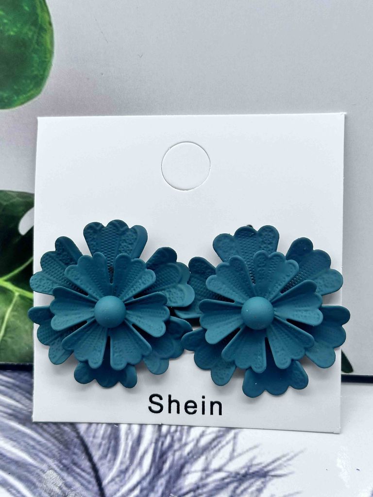 Teal Floral Rosette Stud Earrings