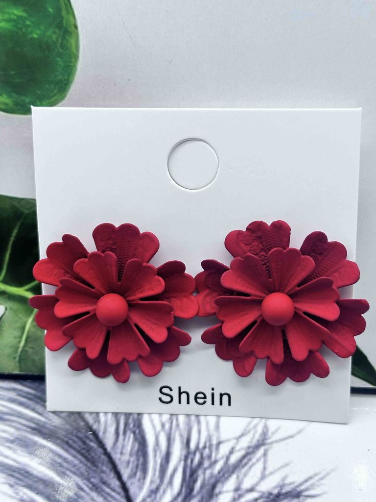 Burgundy Floral Rosette Stud Earrings