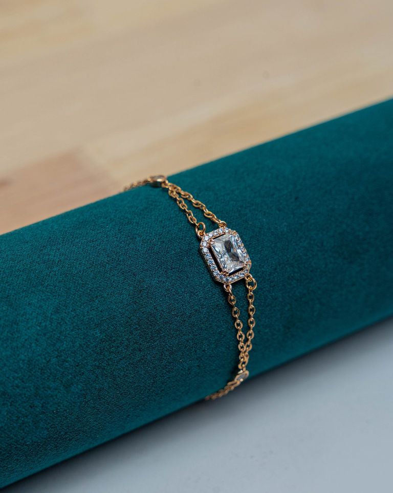 Gold Chain Bracelet with Cushion Crystal Pendant