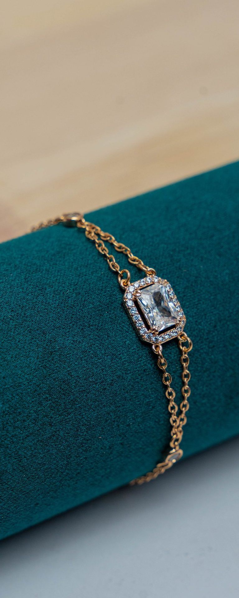 Gold Chain Bracelet with Cushion Crystal Pendant