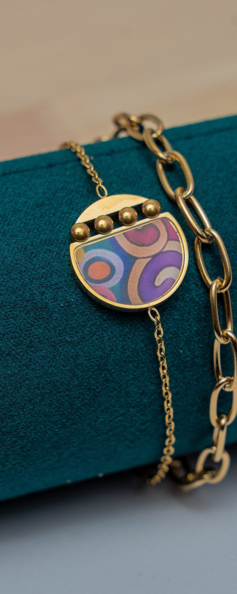 Gold Chain Bracelet with Colorful Enamel Pendant