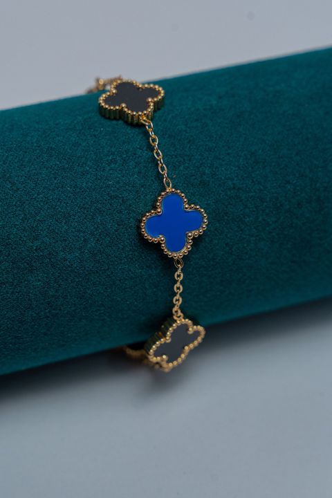 Gold-Tone Van Cleef Charm Bracelet with Blue Enamel