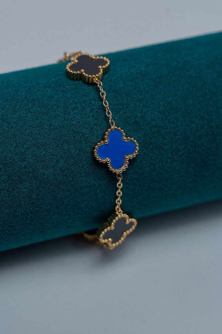 Gold-Tone Van Cleef Charm Bracelet with Blue Enamel