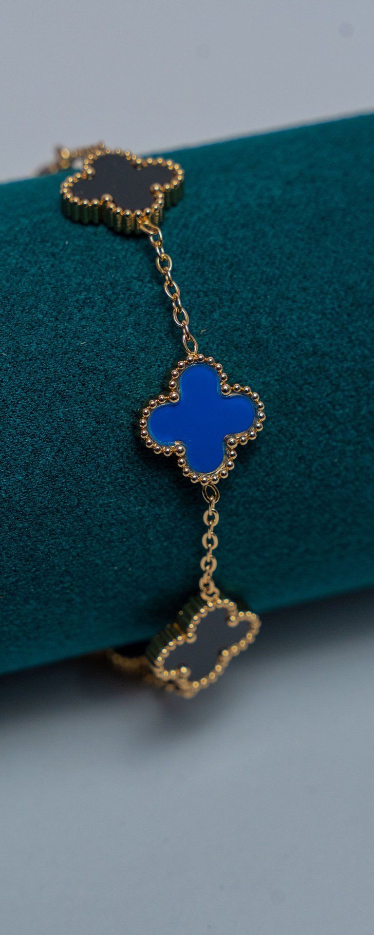 Gold-Tone Van Cleef Charm Bracelet with Blue Enamel