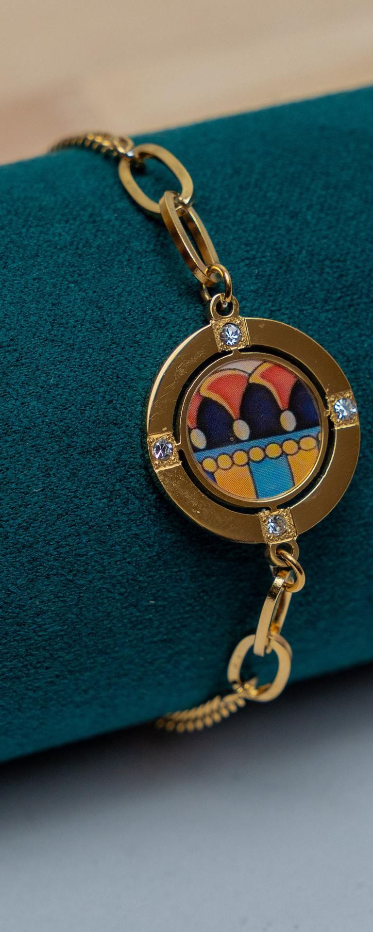 Gold Chain Bracelet with Colorful Enamel Pendant