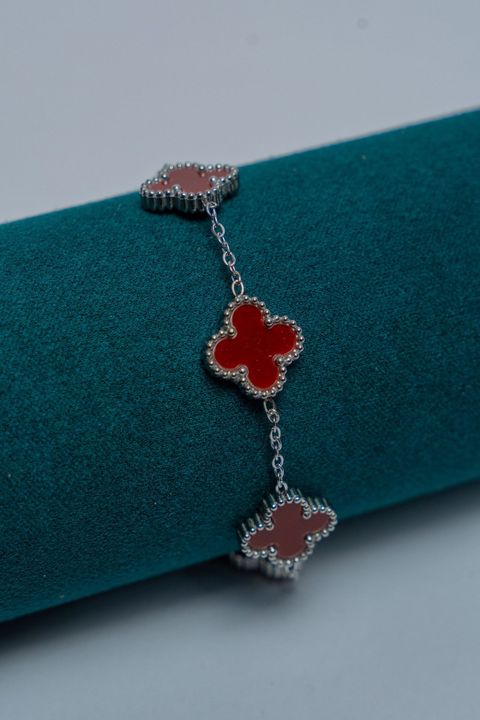 Silver Van Cleef Chain Bracelet with Red Stone