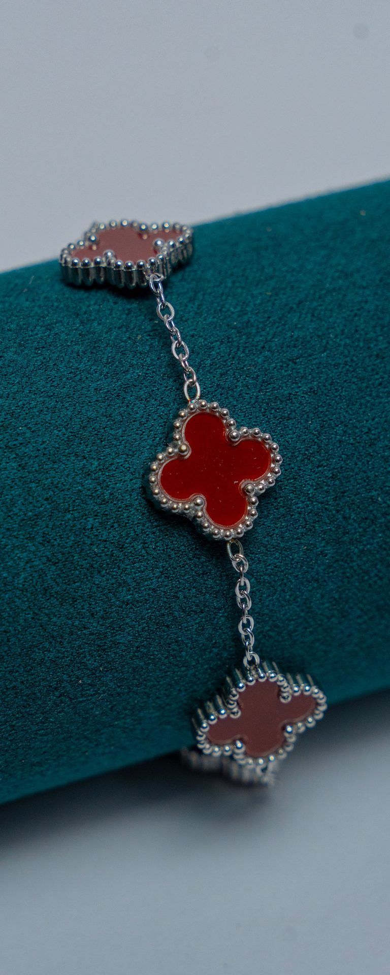 Silver Van Cleef Chain Bracelet with Red Stone