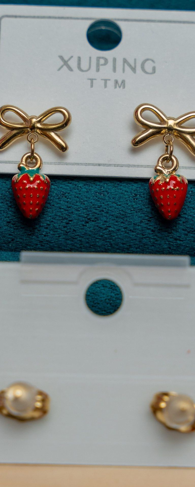 Gold Bow and Strawberry Drop Earrings