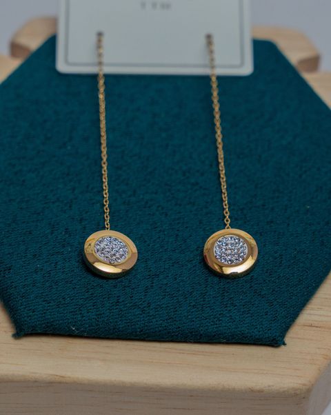 Gold Disc Drop Earrings with Crystal Pave