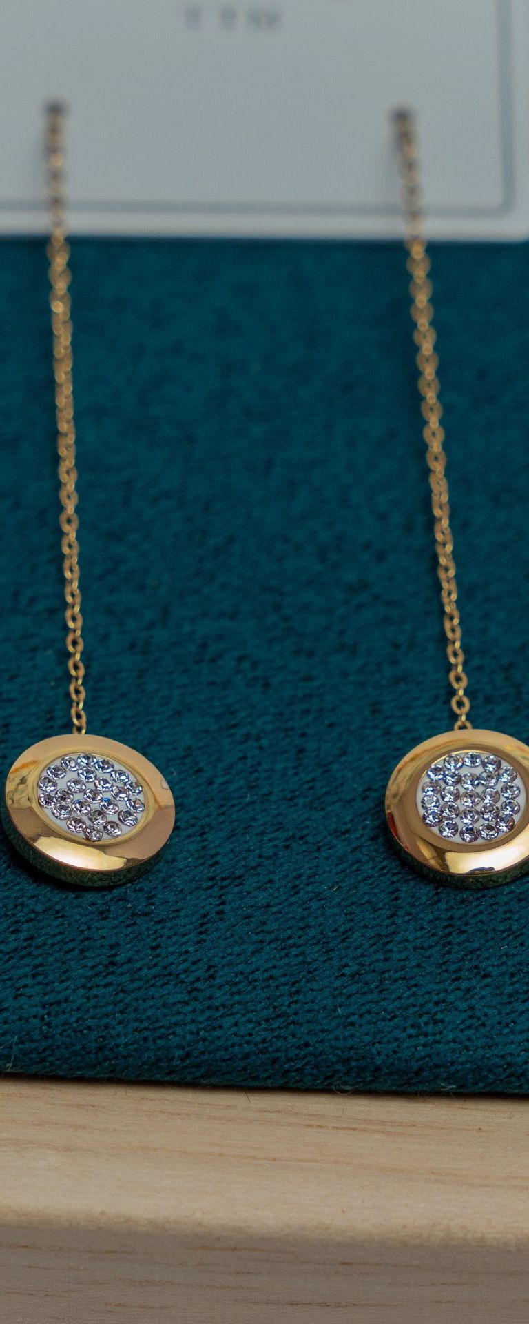 Gold Disc Drop Earrings with Crystal Pave