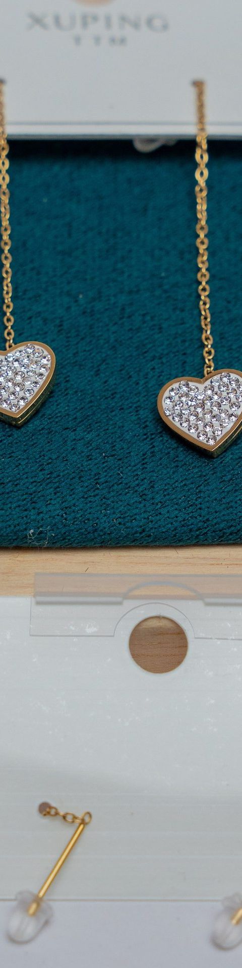Gold Heart Chain Drop Earrings with Crystals