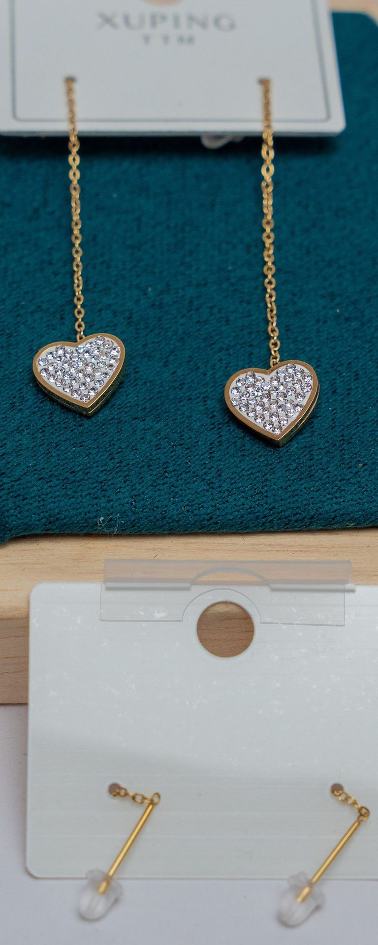Gold Heart Chain Drop Earrings with Crystals