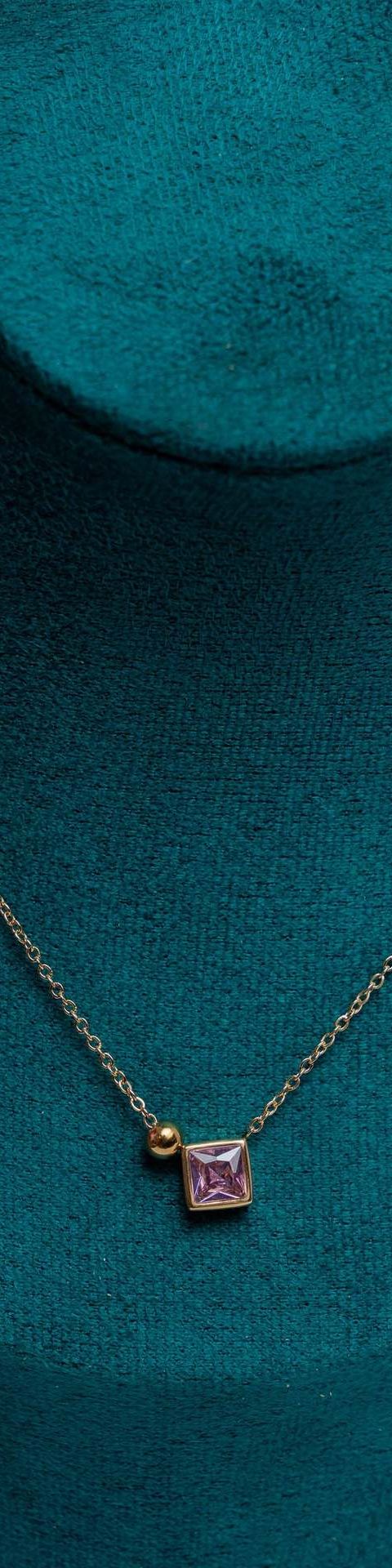 Gold-Tone Chain Necklace with Pink Square Crystal Pendant