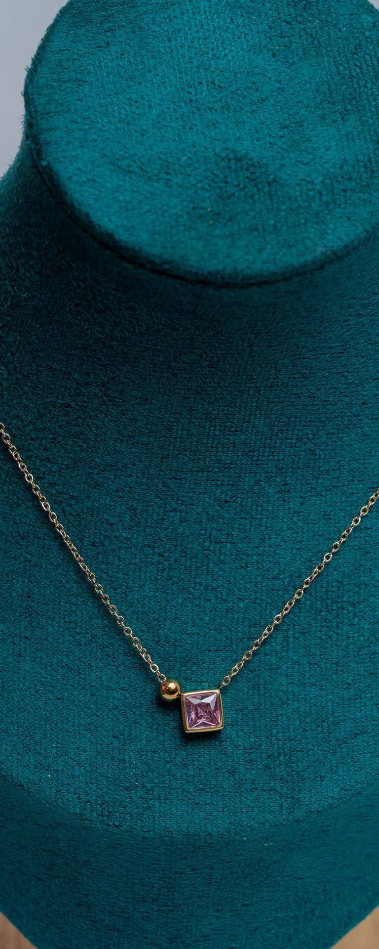 Gold-Tone Chain Necklace with Pink Square Crystal Pendant