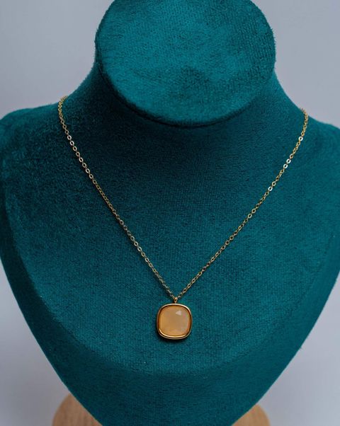 Gold-Tone Peach Chalcedony Square Pendant Necklace
