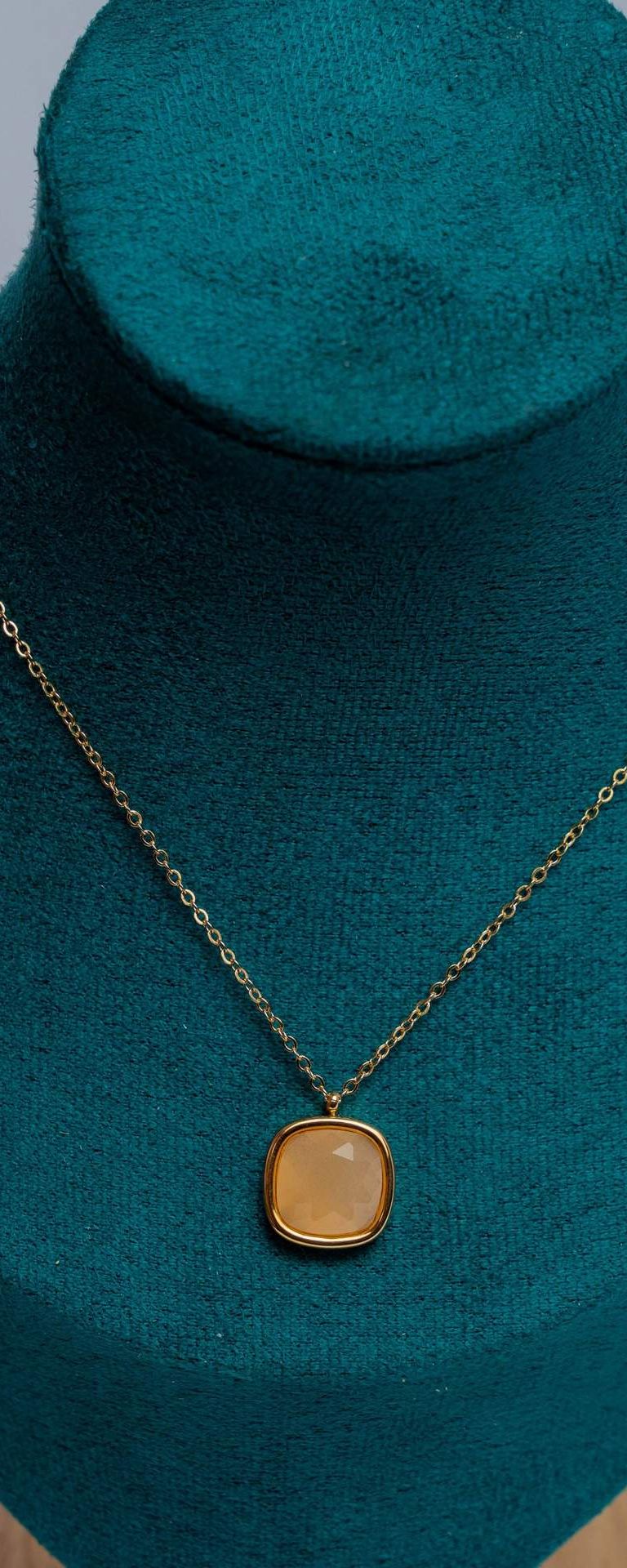 Gold-Tone Peach Chalcedony Square Pendant Necklace