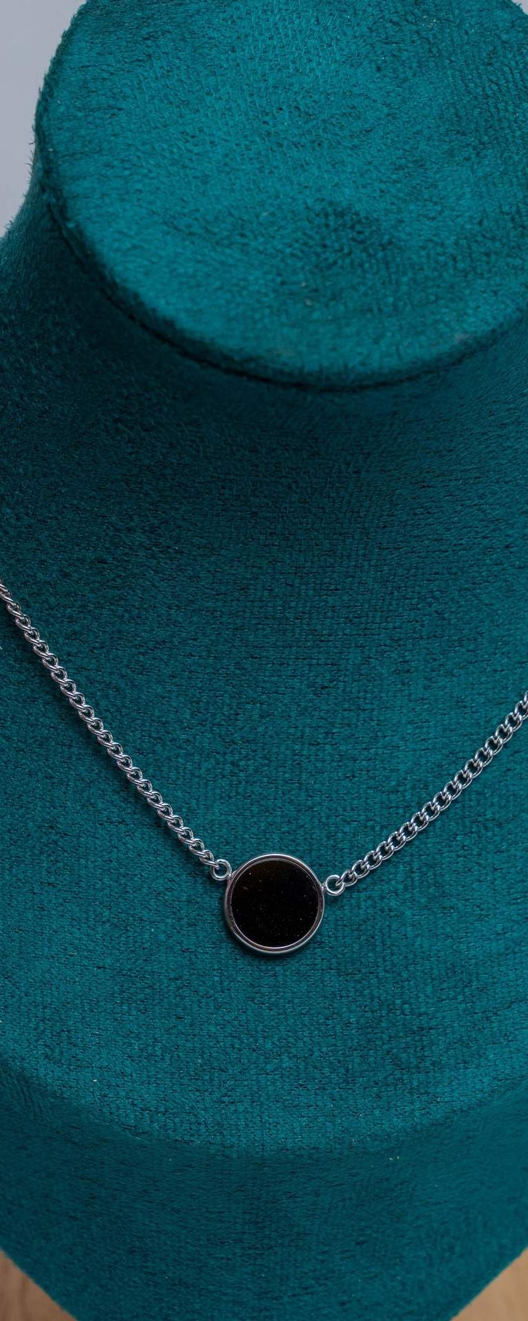 Silver Chain Necklace with Black Stone Pendant