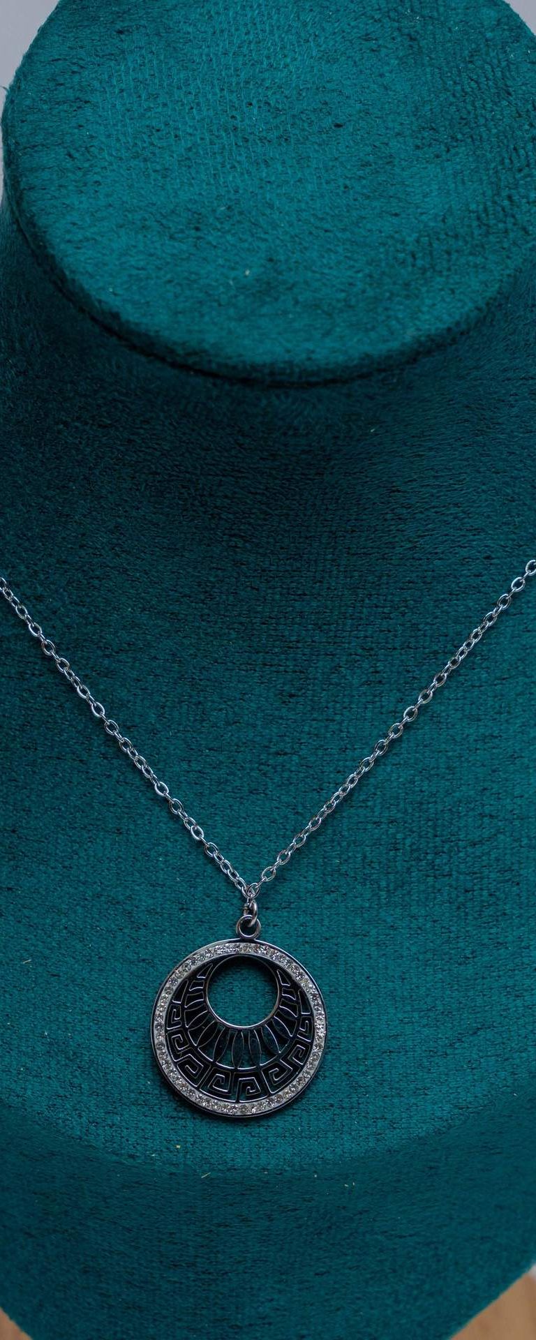 Silver Greek Key Circle Pendant Necklace