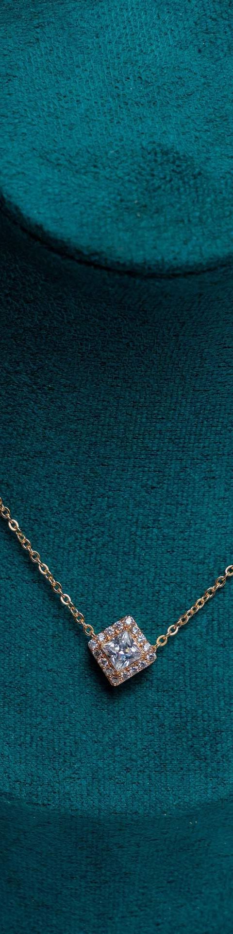 Square Cushion Crystal Pendant Gold Chain Necklace