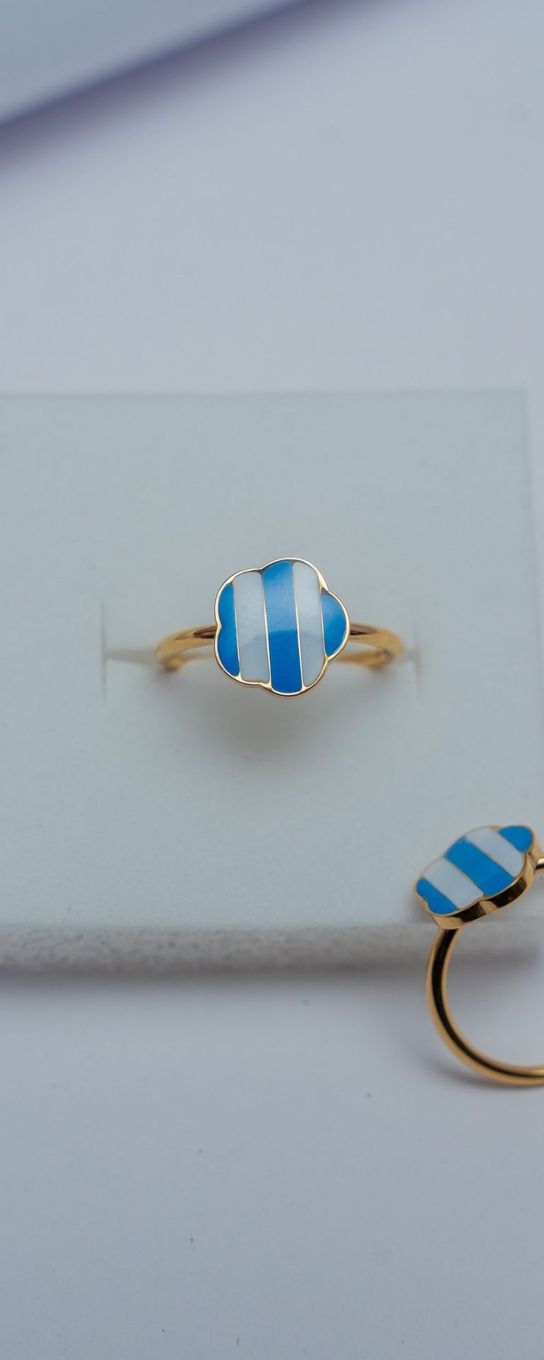 Gold Striped Blue Enamel Ring