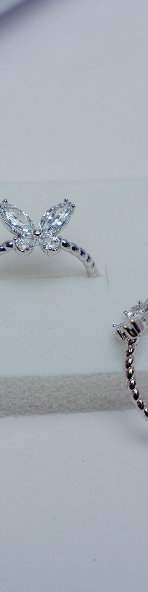 Silver Butterfly Crystal Ring with Beaded Band