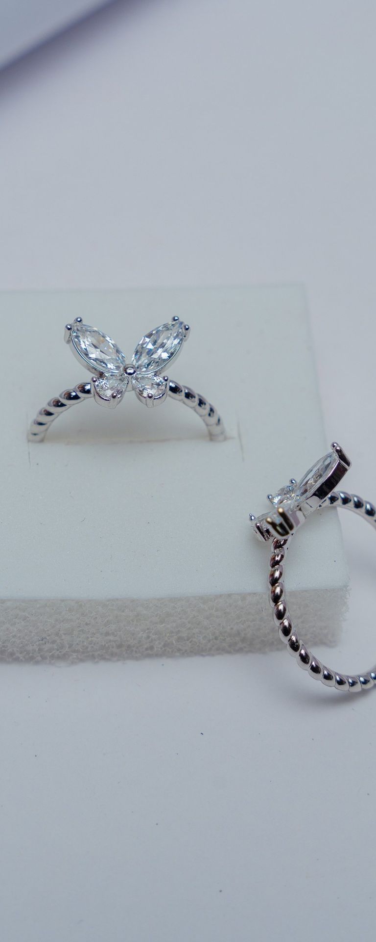 Silver Butterfly Crystal Ring with Beaded Band