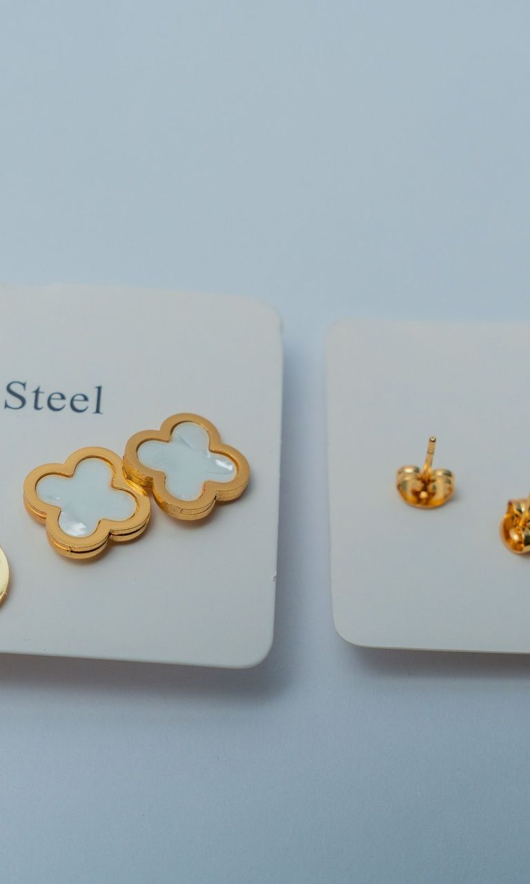 Gold-Tone Stainless Steel Clover & Ball Stud Earring Set